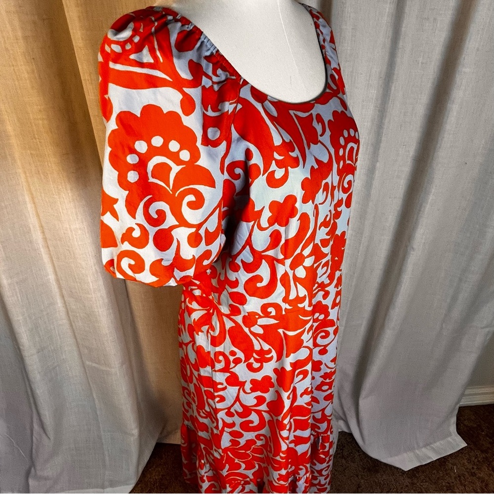 Talbots Summer Spring Orange and White Jacobean Puff Sleeve Midi Dress NWT - Picture 4 of 10